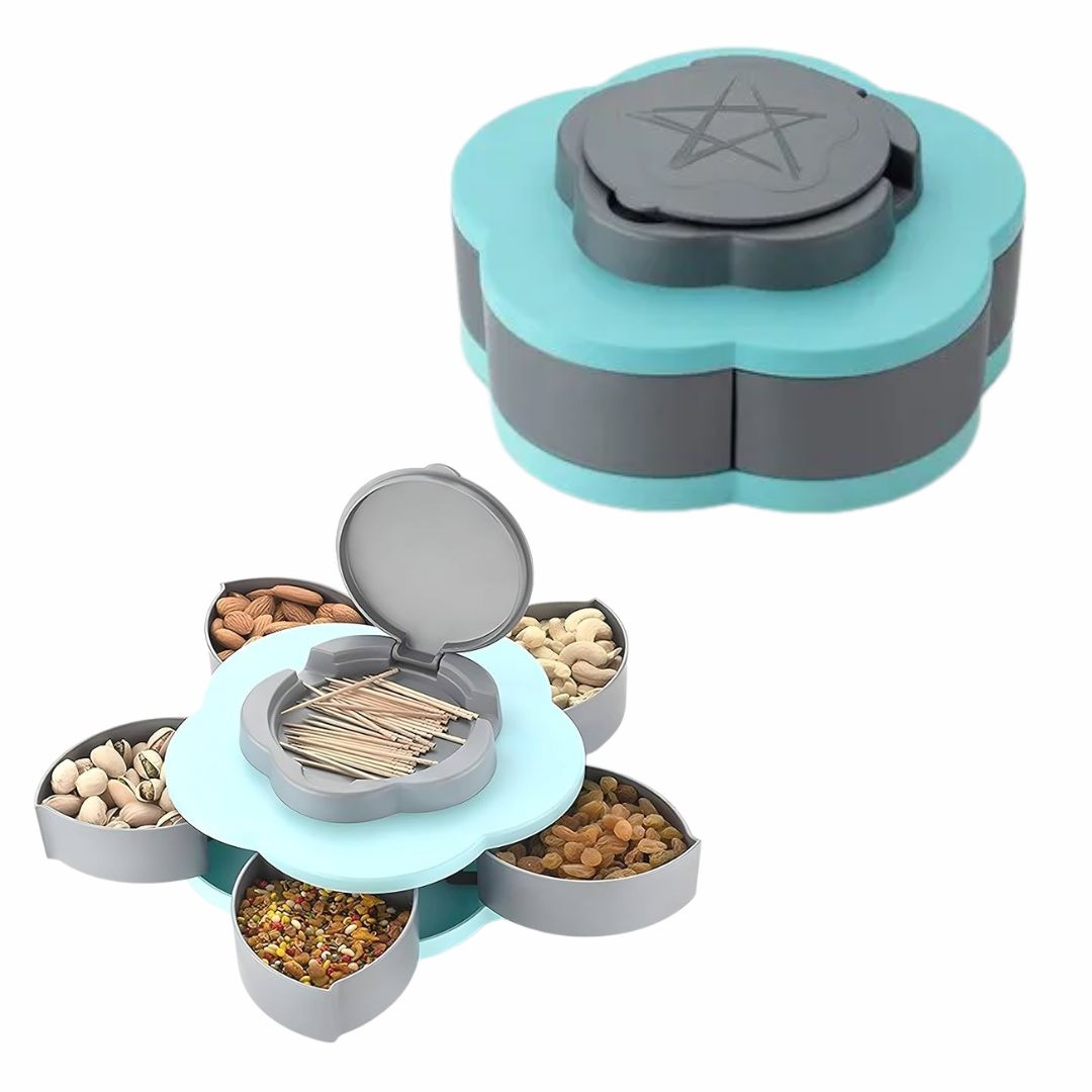 5-Compartments Flower Candy Box Rotating Tray – Dry Fruit, Snacks & Chocolate Storage with Mobile Stand for Kitchen & Office Desk (Random color)  (Pack of 1)