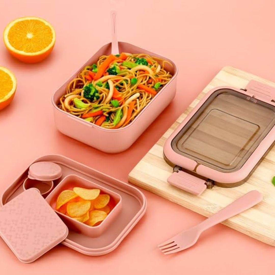 Snackle Pack Kids Lunch Box – Tiffin Box with 2 Small Containers, Spoon & Fork (Random color)