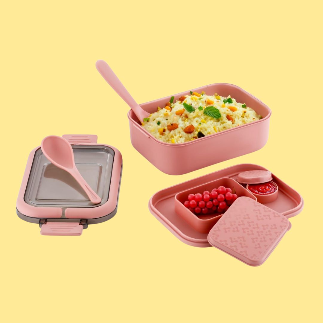 Snackle Pack Kids Lunch Box – Tiffin Box with 2 Small Containers, Spoon & Fork (Random color)