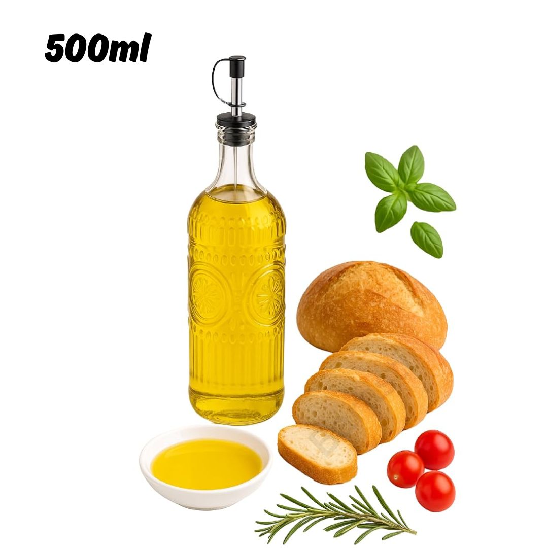 Glass Oil & Vinegar Dispenser – 500ml Square Bottle with Pourer, Random Design (Pack of 1)