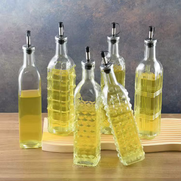 Glass Oil & Vinegar Dispenser – 500ml Square Bottle with Pourer, Random Design (Pack of 1)