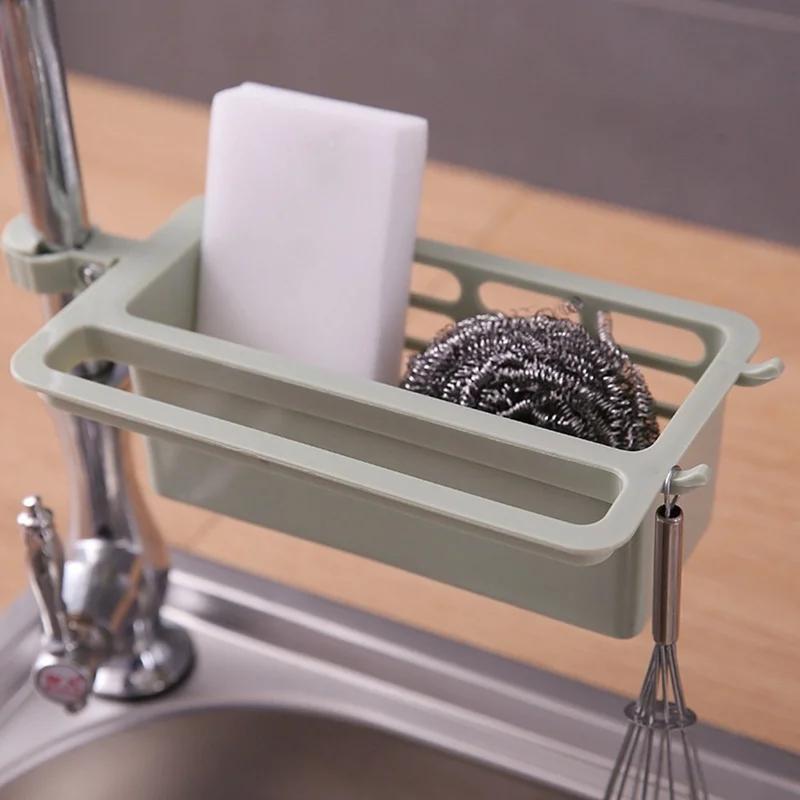 Adjustable Plastic Kitchen Sink Caddy Organizer, Faucet Sponge Holder with Soap Drainer Shelf Basket, Bathroom Accessories Storage Rack (Random Colors)