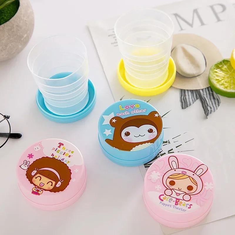 3 Pcs Folding Cup with Lid Portable Reusable Plastic Water Cup Cartoon Collapsible Mouthwash Cup Travel Outdoor Drinking Cup