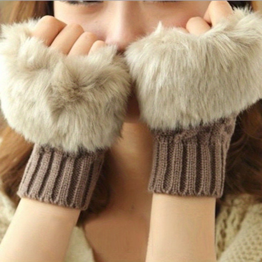 1 Pair Autumn And Winter Warm Gloves, Women's Half-Finger Gloves, Plush Lined Gloves