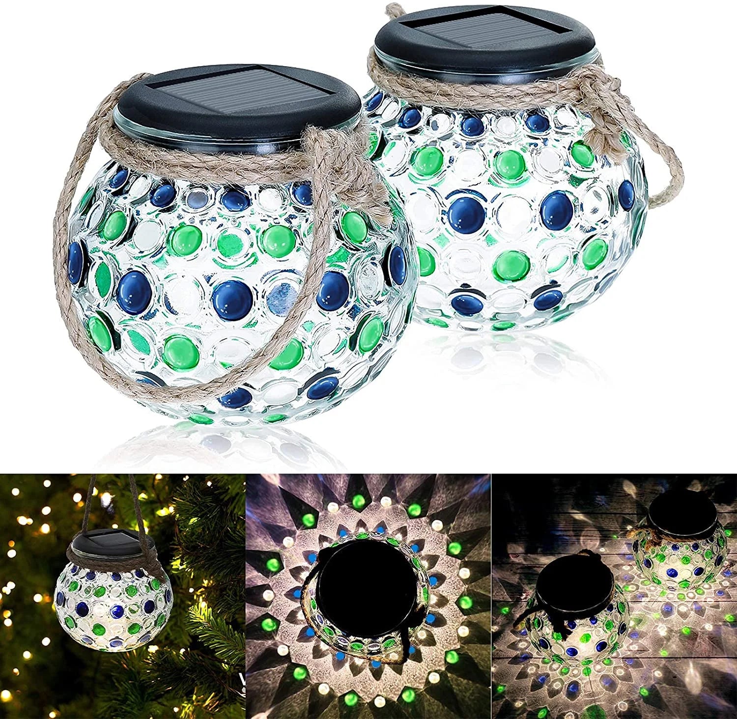 LED Solar Lanterns – Crackle Glass Ball Hanging Lights, Outdoor & Indoor Decorative Lighting (Pack of 2 Pcs )