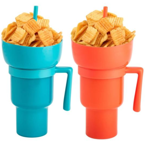 2-in-1 Snack Bowl & Drink Cup with Straw – Portable Stadium Tumbler for Snacks & Drinks, Travel & Home Use (Random color-Pack of 1)