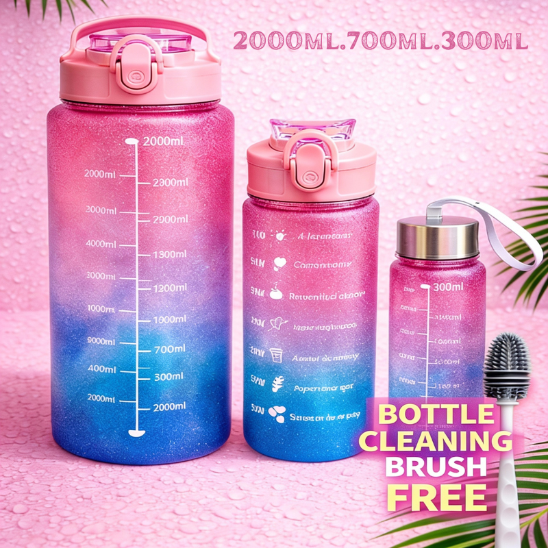 Motivational Water Bottle Set of 3 with Time Marker – 2L, 700ml & 300ml BPA-Free Leakproof Bottles | Gradient Design with Inspirational Quotes (Free Cleaning Brush)