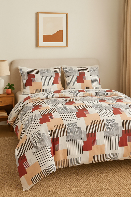 Urban Grid Geometric Bedsheet Set – Maroon, Beige & Grey Abstract Design – Double Bed Bedsheet with Pillow Covers