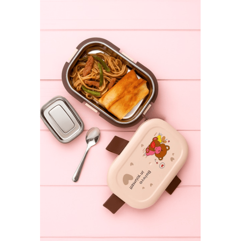 1-Compartment Bento Lunch Box with Spoon – Leakproof Stainless Steel (random design)