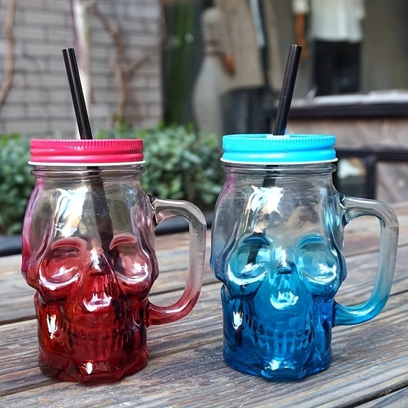 1 Pc Gradient Colored Skull Shaped Glass Cup, juice drink cup, transparent with lid, mug cup, handle cup, beer cup (Random Color)