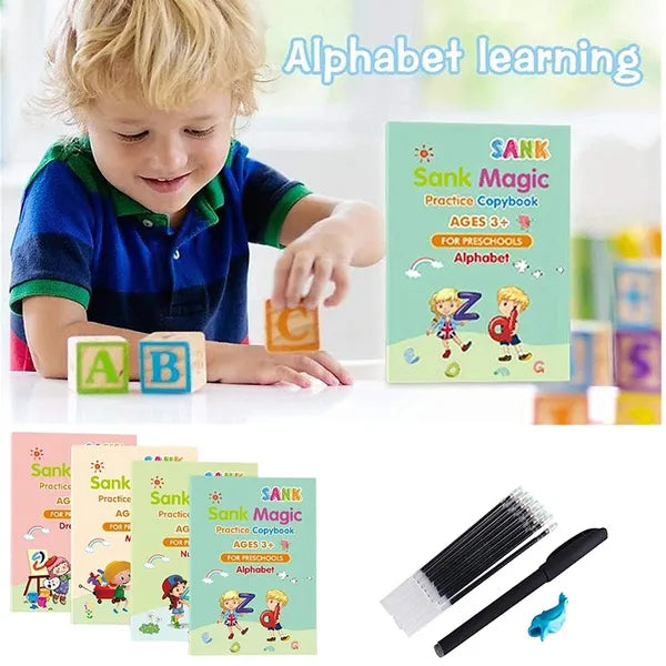 4 Pcs Sank Magic Practice Copy Books for Kids, Handwriting English Reusable Magical Practice Copy Books for Kids Tracing Book