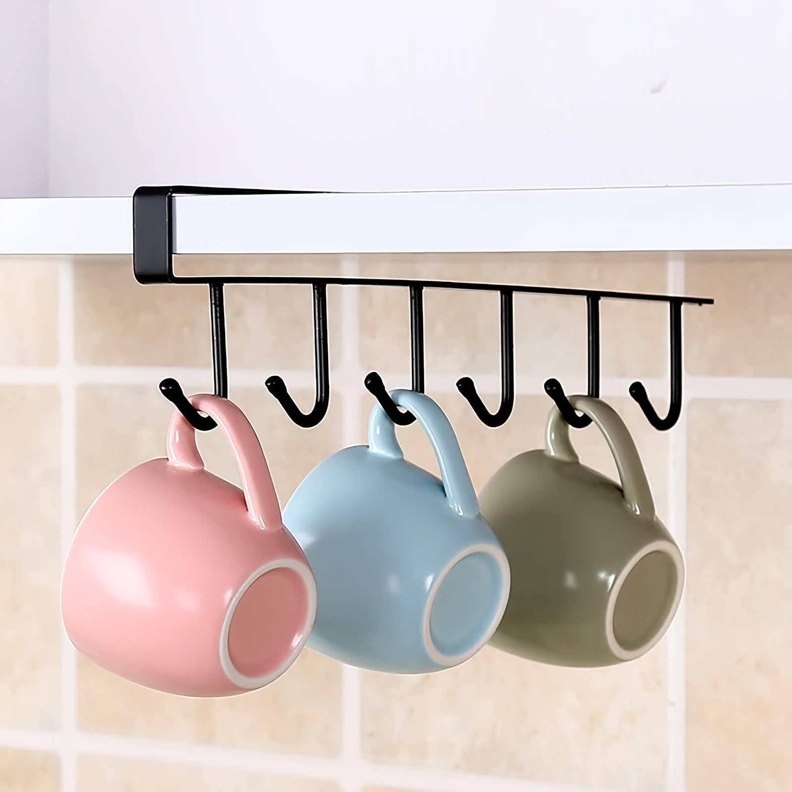 1 Pack Hanging Hooks Rack Under Cupboard Cabinet Cup Holder Coffee Mug Holder 6 Hooks Drilling Free Coffee Cups Holder Kitchen Utensil Storage Organizer Hook Rack