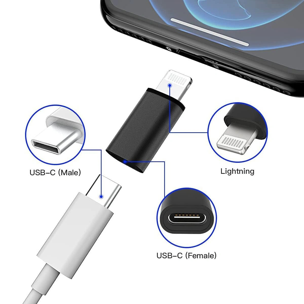 USB-C Female to Lightning Adapter – Type-C to 8-Pin Male PD Fast Charging & Data Sync Converter for iPhone, AirPods & iOS Devices | CarPlay Compatible