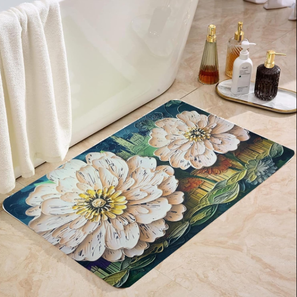 3D Flower Print Water Absorbent Bathroom Mat – Non-Slip, Quick-Dry Flo ...