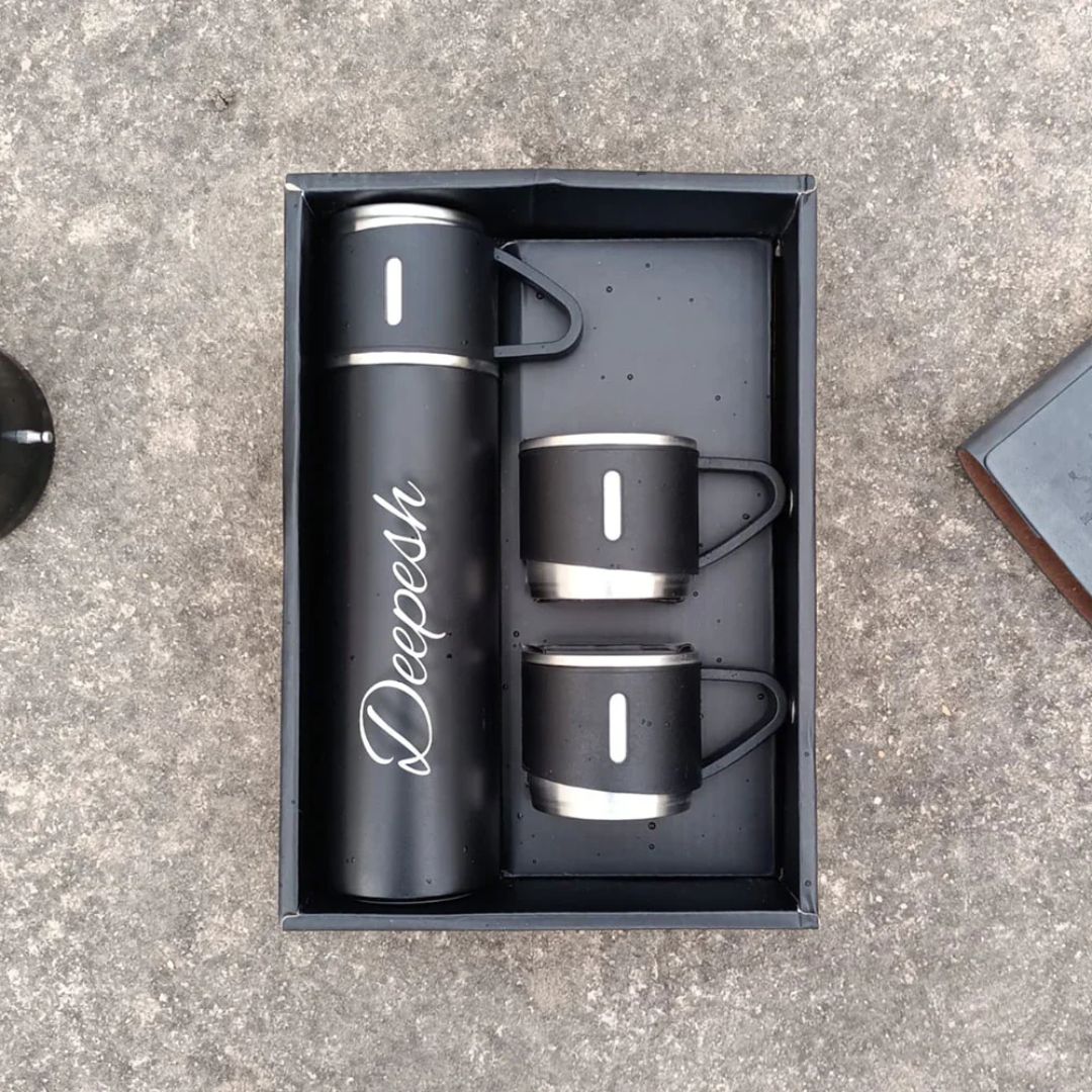 Customized Gift Set: Vacuum Insulated Flask & 2 Cups (Random Color)