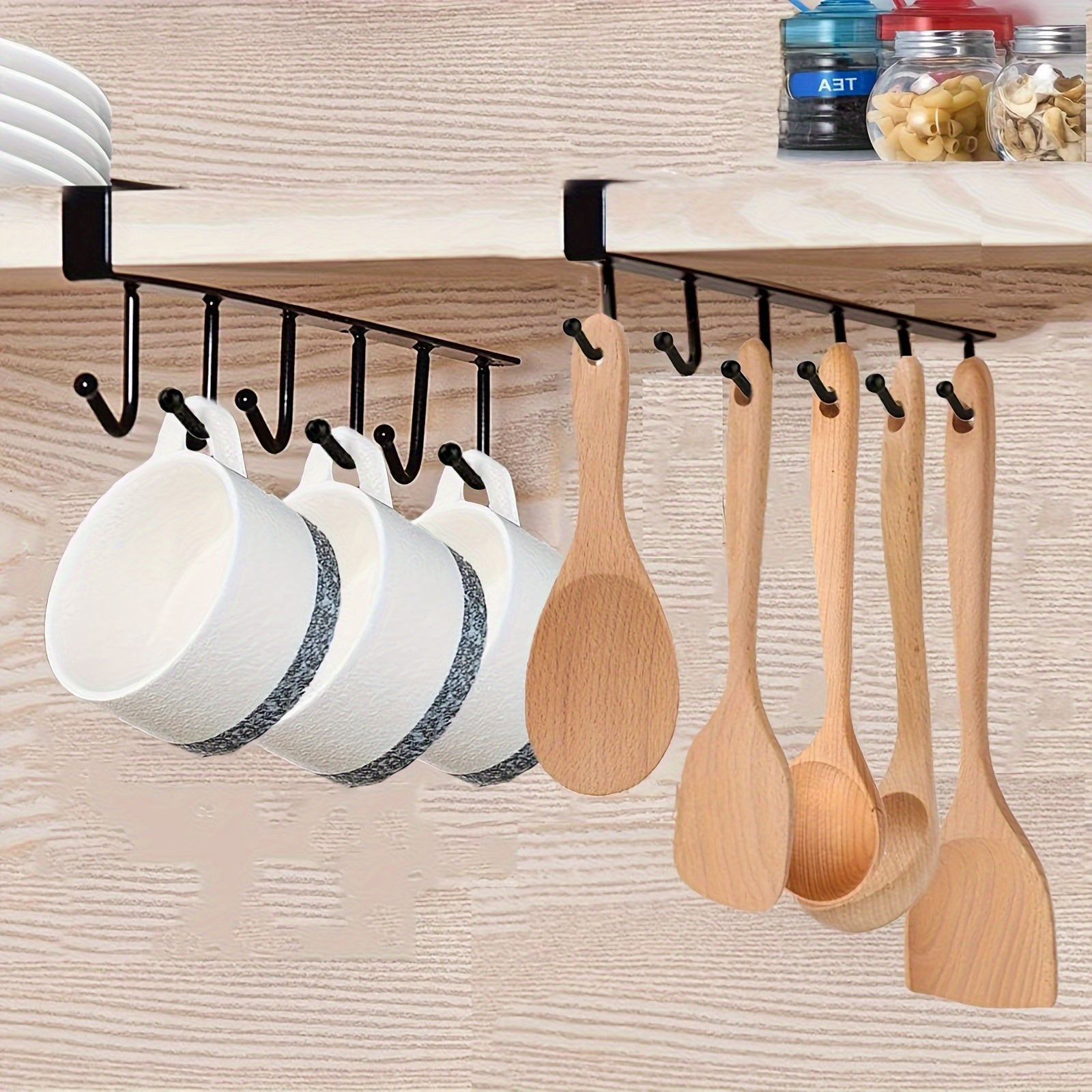 1 Pack Hanging Hooks Rack Under Cupboard Cabinet Cup Holder Coffee Mug Holder 6 Hooks Drilling Free Coffee Cups Holder Kitchen Utensil Storage Organizer Hook Rack