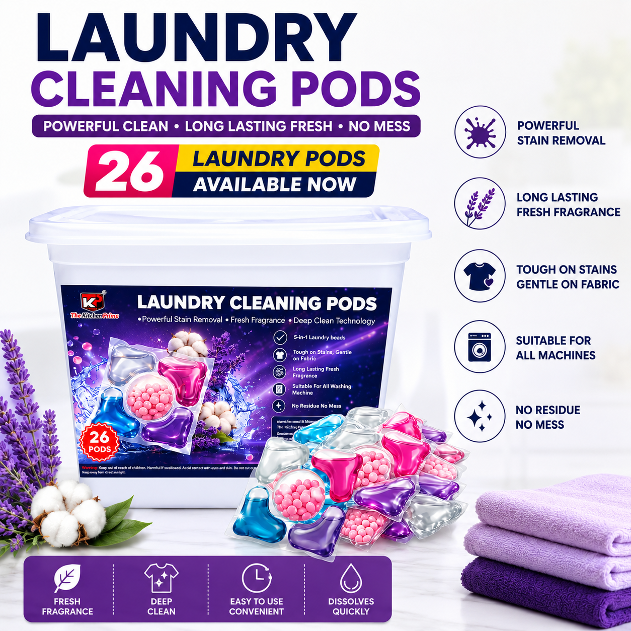 4-in-1 Dissolve Magic Laundry Detergent Pods (26 Wash)  Bio-Enzyme Stain Remover Capsules for Top & Front Load Floral Fragrance (Laudry Pods - 26 PC)
