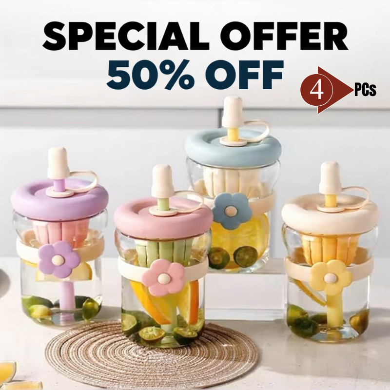 4 Pcs Eco-Friendly Reusable Glass Infuser Bottle with Straw – Cute & Fancy Design Sipper Bottle(Random Color)