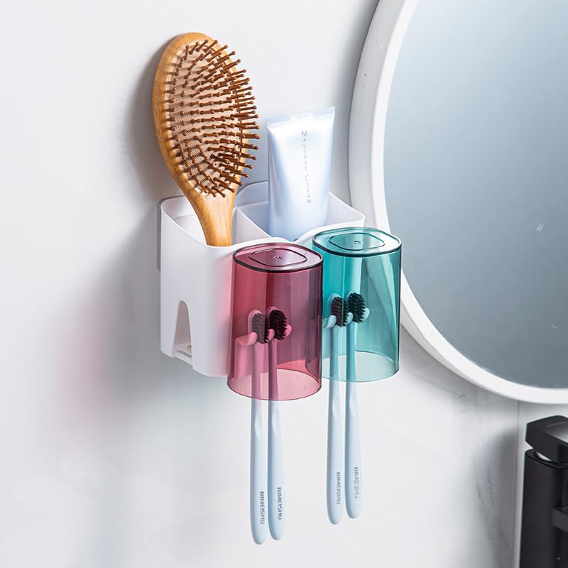 Wall Mounted Toothbrush Holder for Bathroom | Tooth Brush & Toothpaste Holder with 2 Cups
