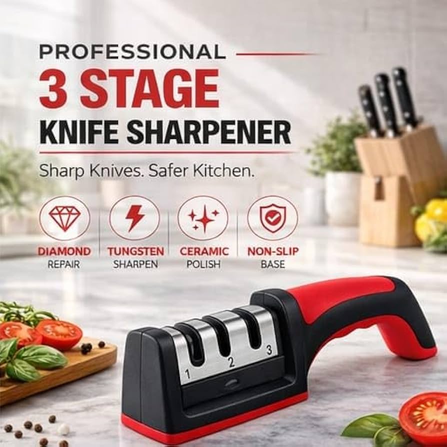 Manual 3 Stage Knife Sharpener Tool | 3-in-1 Kitchen Knife Sharpener | Easy Manual Knife Sharpening & Honing Tool for Home & Kitchen