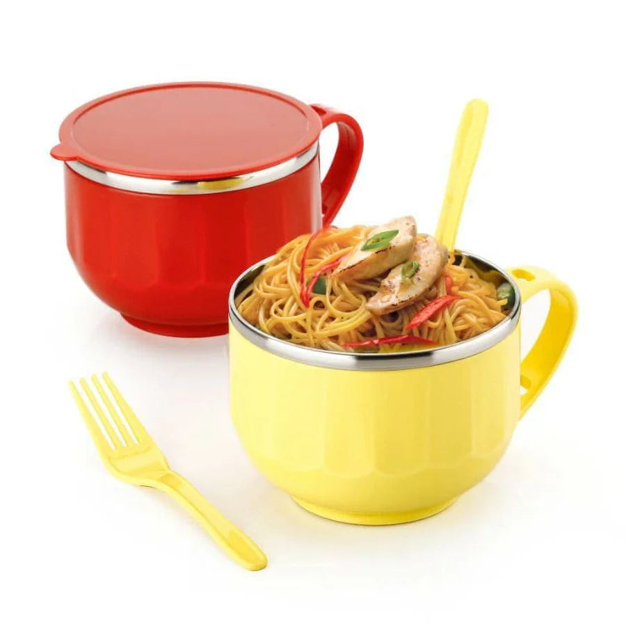 Stainless Steel Maggie & Soup Bowl – Noodle & Food Container with Airtight Lid, Handle, Spoon Holder, Spoon & Fork for Kitchen & Picnic(Random color-Pack of 1)
