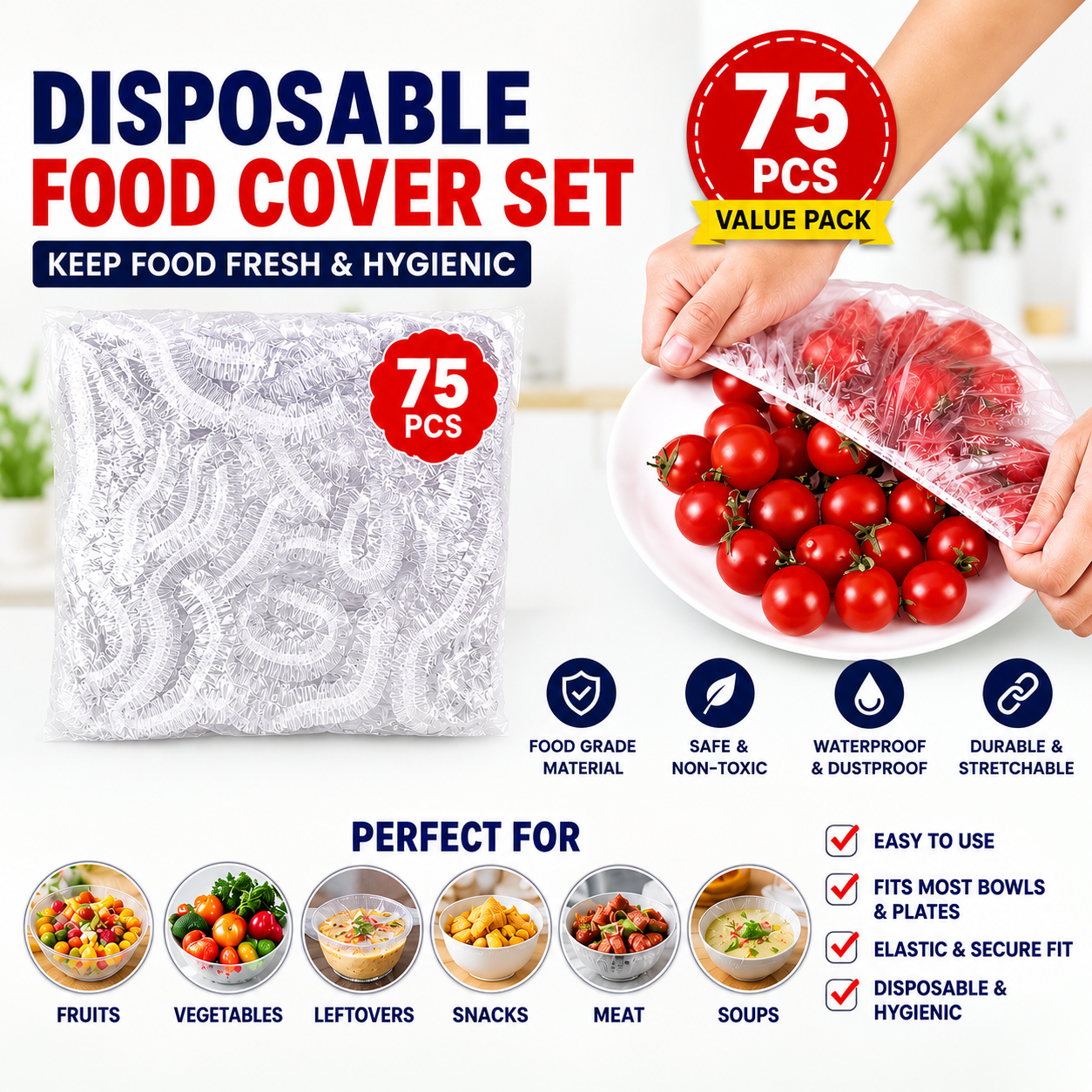 Disposable Food Cover Set –  Kitchen & Dining Hygiene Essentials ( Pack of 75 Pcs )