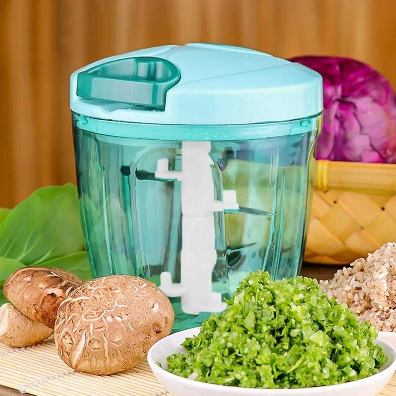 6-Blade Vegetable Chopper 1000ml – 2-in-1 Multipurpose Food Chopper with Stainless Steel Blades & Anti-Slip Base (Random color- Pack of 1)