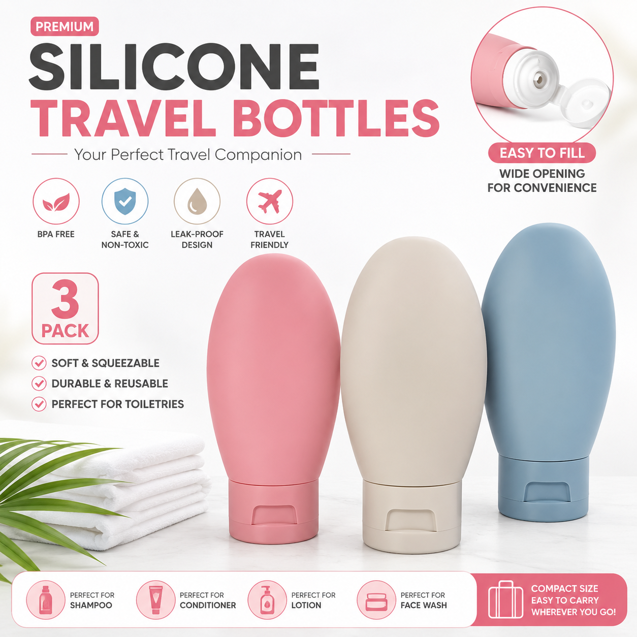 3 Pcs 60ml Travel Bottles Set | Refillable Leak-Proof Squeeze Containers for Shampoo, Lotion & Toiletries
