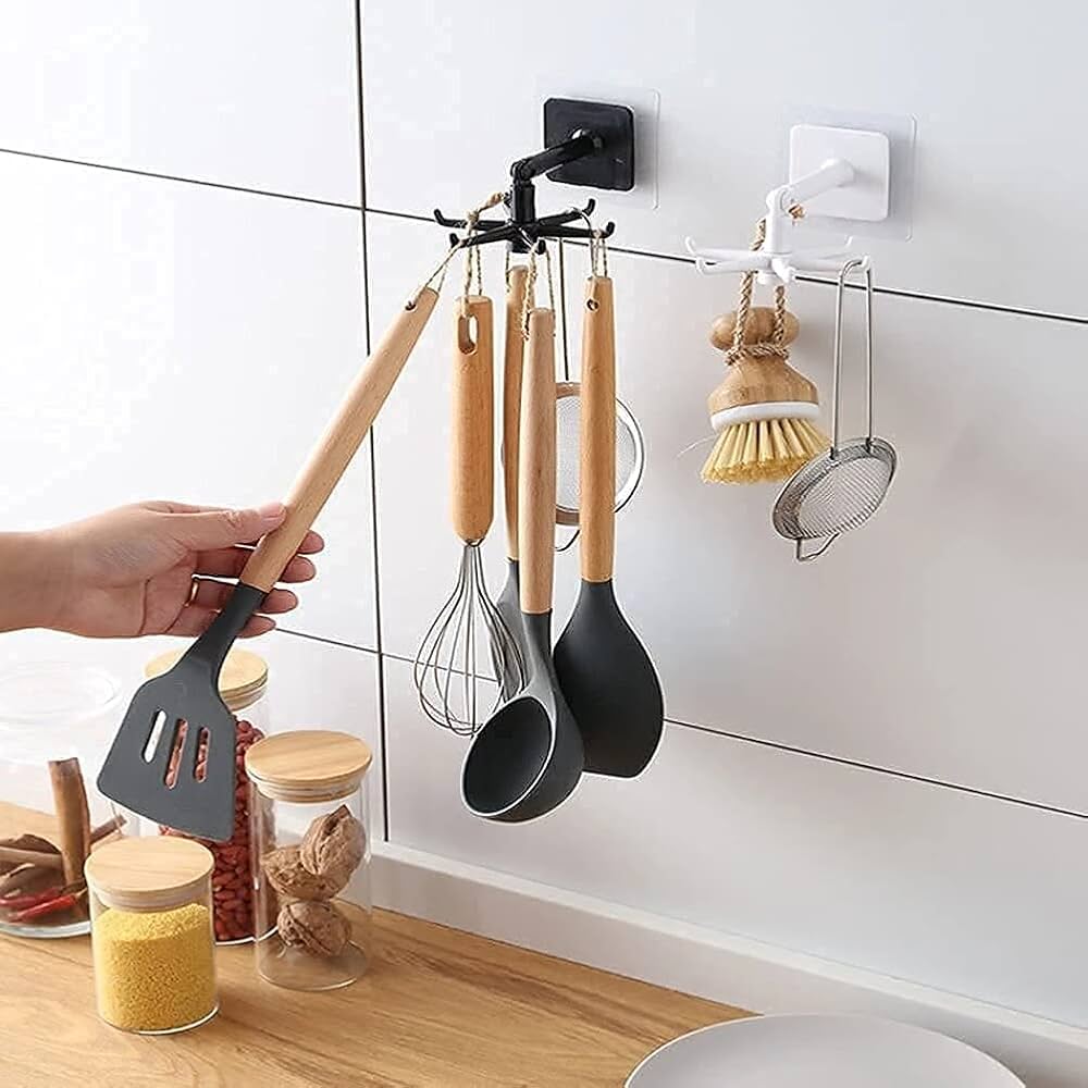 2 Pcs 360° Rotating Hook, Adjustable 360° Rotating Plastic Folding Hook Wall-Mounted Utensils Hanger Kitchen Utensils Spoon Hook ( Pack of 2 )