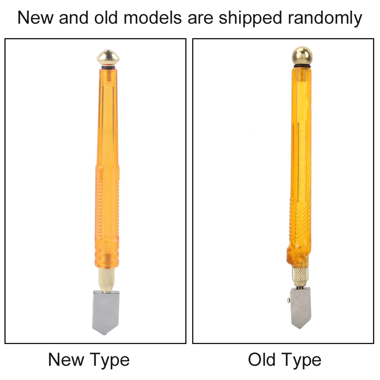 Two glass cutters are shown, labeled "New Type" and "Old Type," with slight design variations in their amber handles.glass cutter, new type, old type, cutting tool.