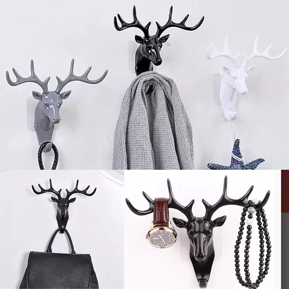 Deer Head Adhesive Wall Hook – Strong Self-Adhesive Decorative Wall Hanger for Keys, Towels, Bags & Clothes (Random Color) (Pack of 1)