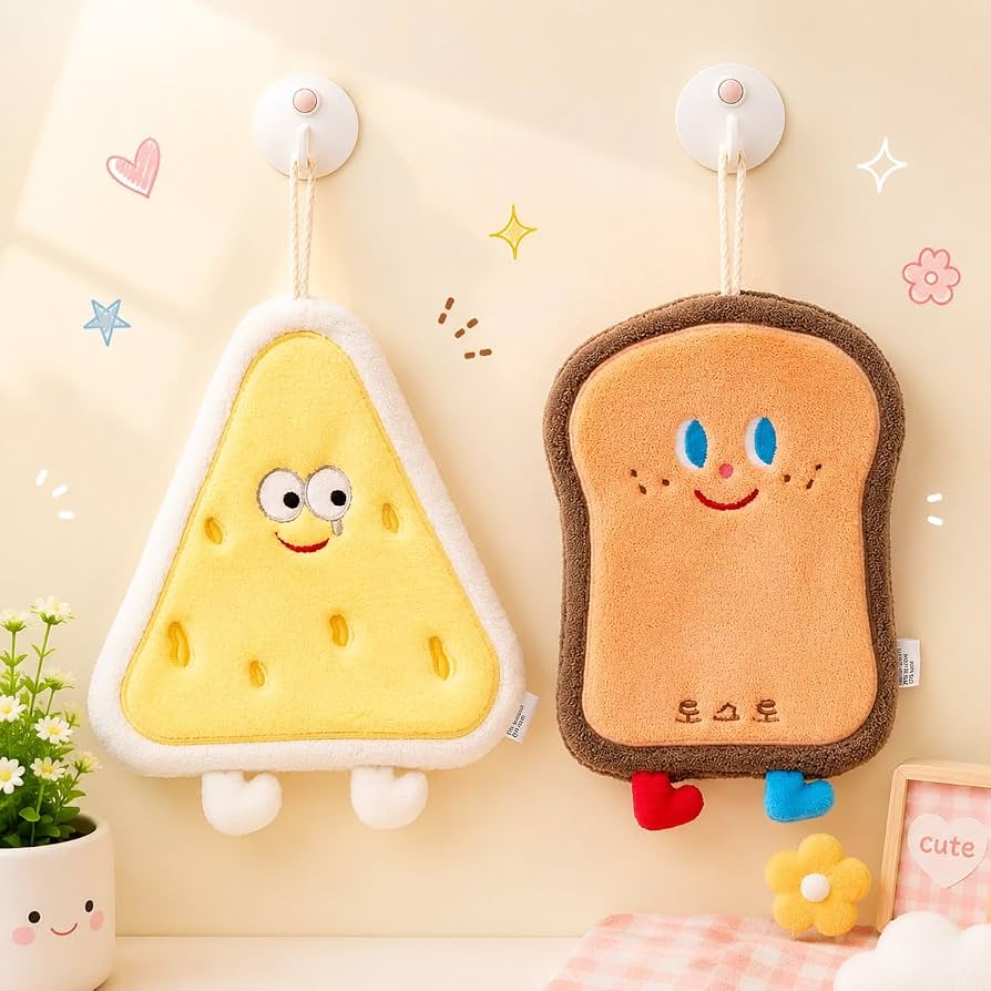 Cute Hanging Hand Towel | Soft Microfiber Kawaii Cartoon Food Design Hand Towel with Hanging Loop | Quick Dry Absorbent Kitchen, Bathroom, Car & Travel Cleaning Towel (Random Color Pack Of 1)