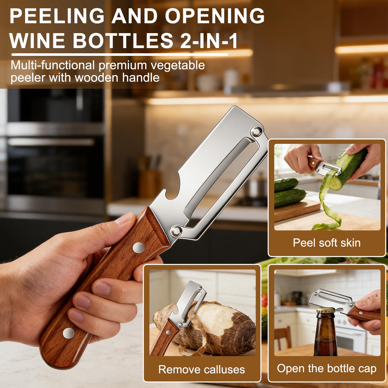 Premium Heavy Duty Stainless Steel Vegetable Peeler with Wooden Handle, Sharp Swivel 2-in-1 Dual Blade,Ergonomic Grip, Potato,Cucumber,Carrot & Fruit Peeling Peeler(Pack of 1)