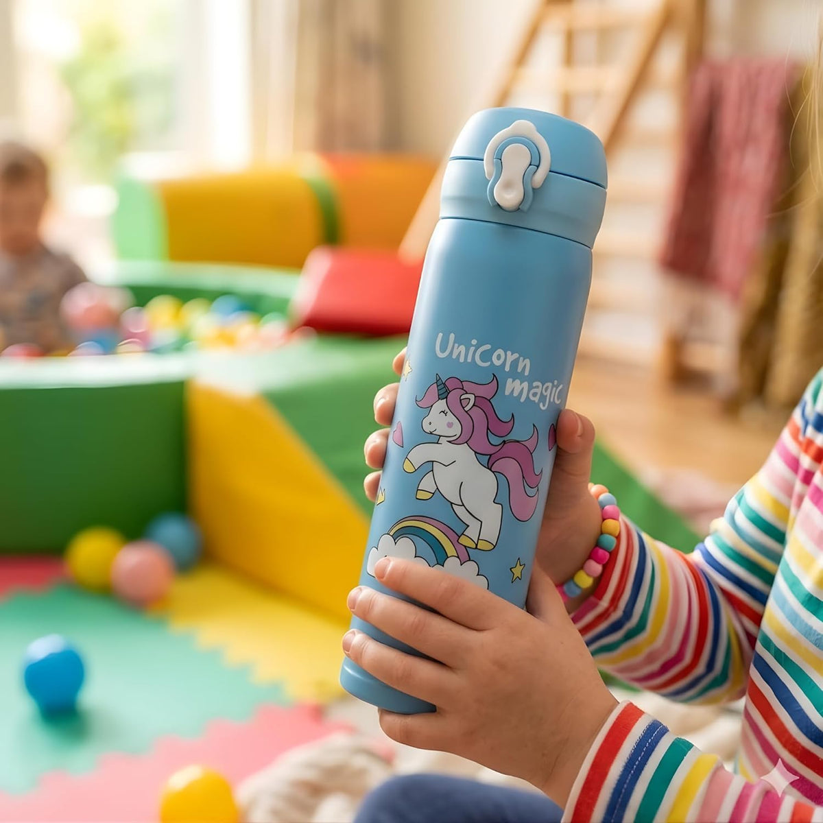 Unicorn Print Stainless Steel Water Bottle, 500ml, Flip Top Lid and Direct Sip Spout, Leakproof School Bottle for Girls and Boys (Random Color and Print)