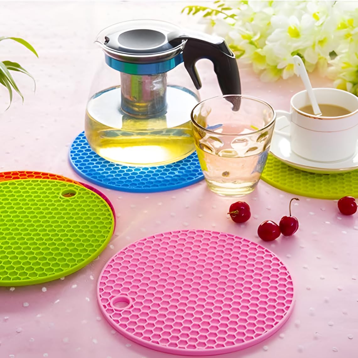4 Pc Heat Resistant Silicone Hot Mat – Durable Round Silicone Trivet Mats for Kitchen & Dining Table (Random color)