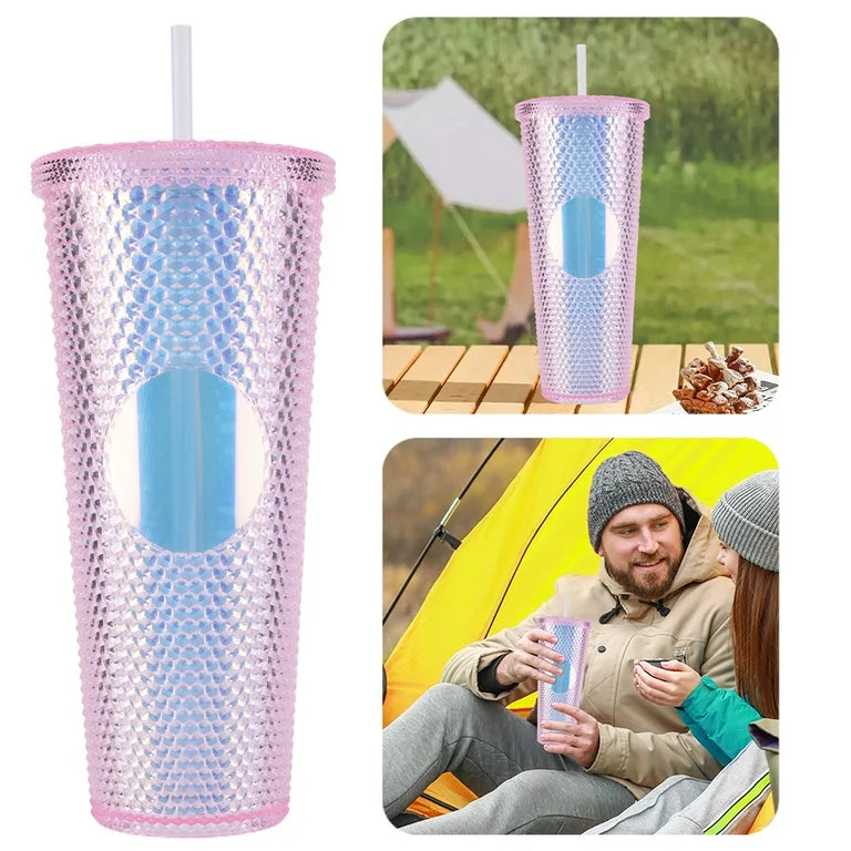 700ml Diamond Transparent Plastic Water Cup with Straw – Large Capacity Car & Travel Drink Bottle (Random Color) (Pack of 1)