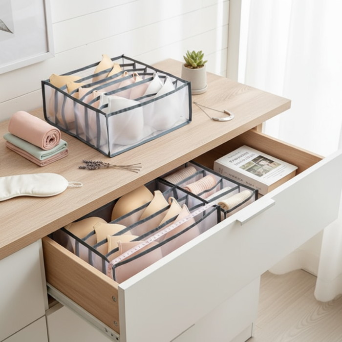 7 Compartment Under Garment Storage Box – Foldable Fabric Organizer for Socks, Underwear, Lingerie & Closet Drawer Storage
