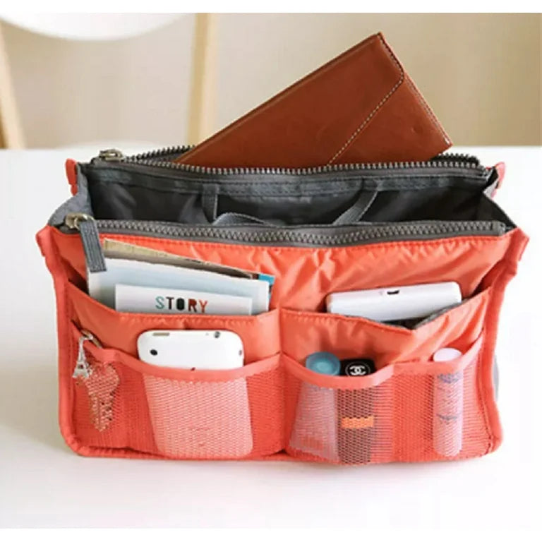 Folding Toiletry Bag, Handbag Organizer Insert for Women with 13 Pockets Large Capacity with Lining Zipper Handle Portable Women's Handbag Organizer