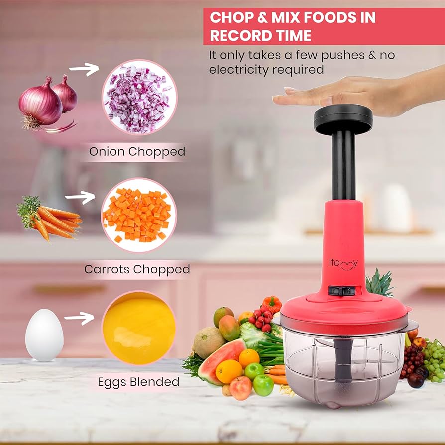 Hand Press Vegetable Chopper with Grinder Mixer – 800ml Manual Food Chopper with Steel Blades (Pack of 1)