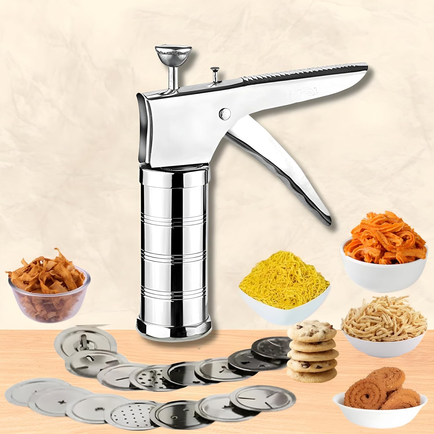 15 in 1 Stainless Steel Kitchen Press – Idiyappam Maker | Murukku Machine | Chakli | Sev | Noodles & Snack Maker