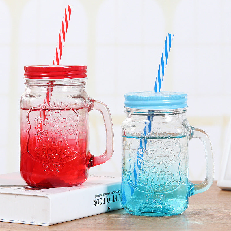 Creative Gradient Color Mason Cup Jar with Lid & Straw (Random Colors)