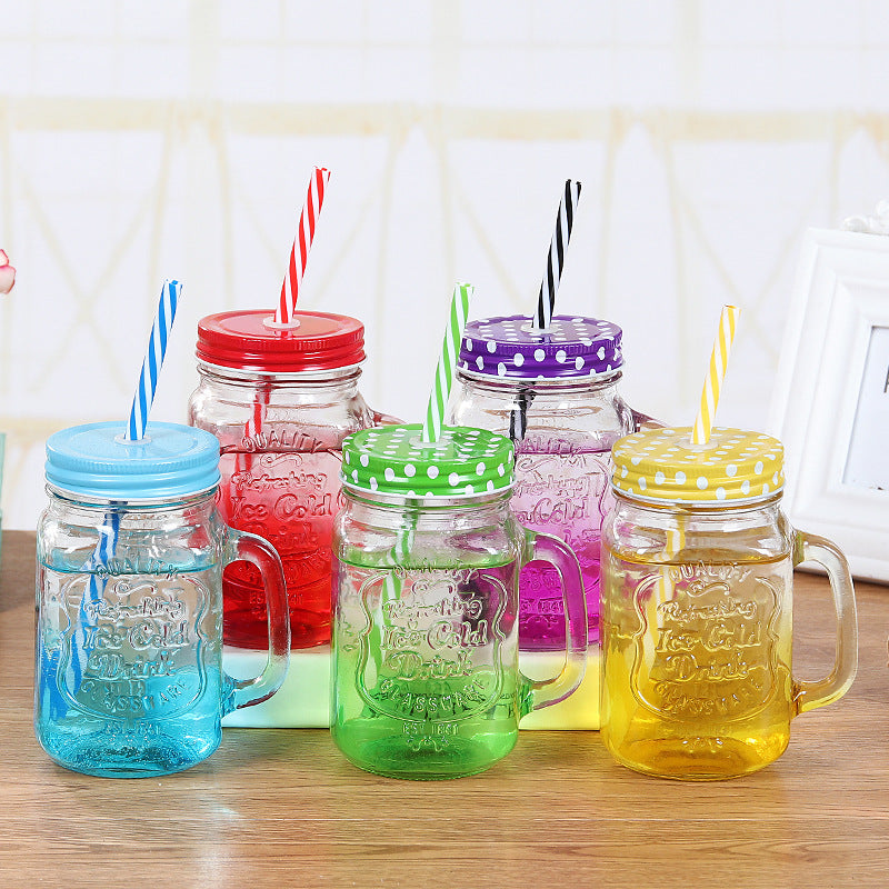 Creative Gradient Color Mason Cup Jar with Lid & Straw (Random Colors)