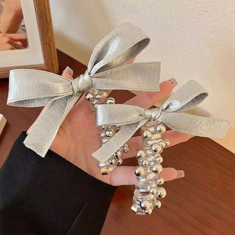 Elastic Bow Spiral Hair Ties Shiny Bowknot Braided Ponytail Holders Silvery Telephone Wire Hairband Girls