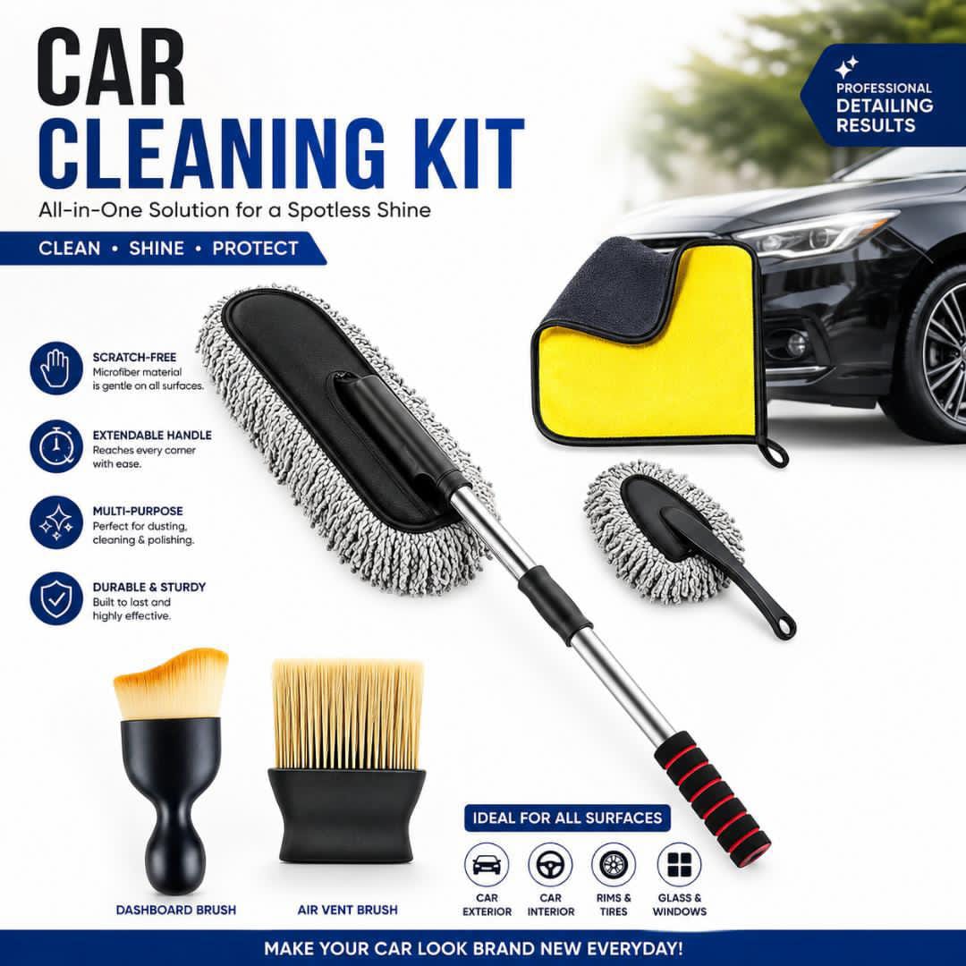 5 PCS Microfiber Car Duster Kit Interior & Exterior Car Cleaning Detailing Tool Scratch & Lint Free, Pollen Removing Extendable Long Handle Duster for Car & Motorcycle car (Duster Kit)