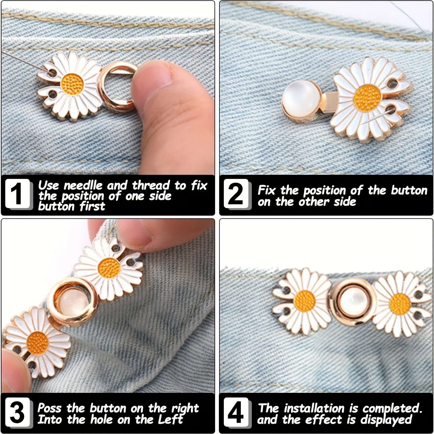 2 pairs Jeans Dress Buttons, DIY Pants Clip Waist Tightener Buttons, DIY Sewing Adjustable Waist Buckle Fashion Faux Pearl Flower Adjustable Buckle Clothing Accessories
