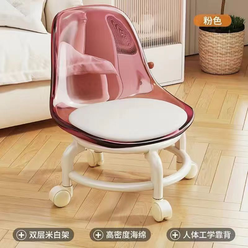  Acrylic swivel chairs in pink white cushions and bases are on a Wooden rug.Acrylic chair, swivel chair, modern chair, office chair.