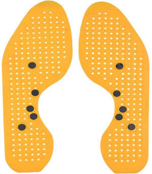 Two yellow Acupressure Wonder Magnetic Shoe Soles are displayed side-by-side. Each insole is dotted with numerous small holes and features several strategically placed black magnetic points. Acupressure insoles, magnetic shoe soles, foot massage, pain relief insoles, Ramdev products.