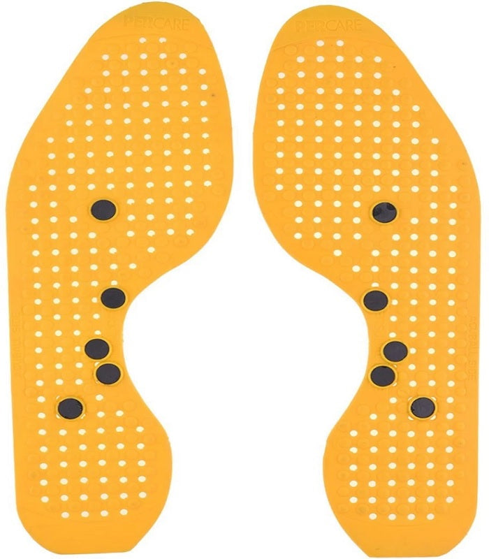 Two yellow Acupressure Wonder Magnetic Shoe Soles are displayed side-by-side. Each insole is dotted with numerous small holes and features several strategically placed black magnetic points. Acupressure insoles, magnetic shoe soles, foot massage, pain relief insoles, Ramdev products.