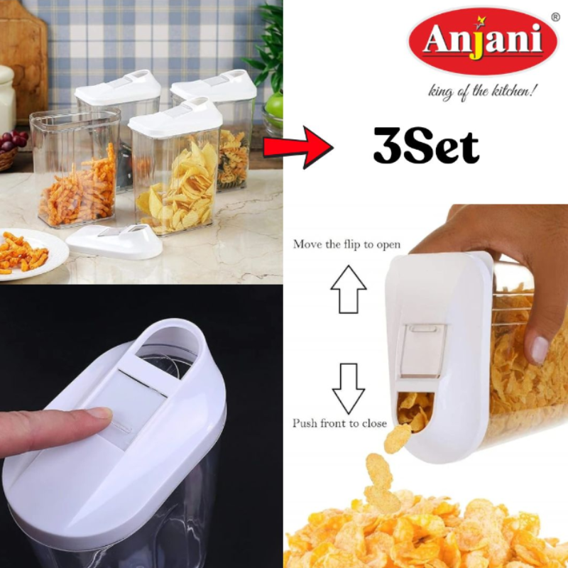 Anjani Smart Pour Airtight Cereal & Grain Storage Containers – Set of 3 Food Dispenser Boxes with Easy Pour Lid