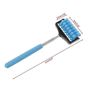 A blue Okayji back roller with dimensions: roller 6x3.5cm, handle 21cm.back roller, dimensions, massager.